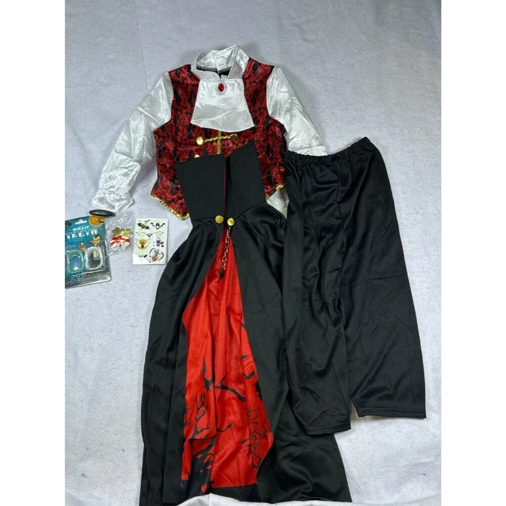 Kids Vampire Dracula Halloween Costume Size 3-4 Cape Pants Shirt Cane Teeth
